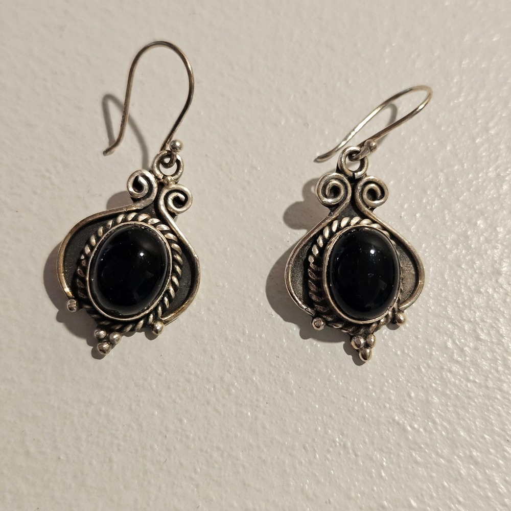 Black Onyx Silver Drop Dangle Ornate Boho Earrings Vintage Style Gothic Western